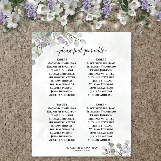 Affiche Plan de table de mariage à 4 tables Lavande Eucaly (In Situ on Wall with Decorations)