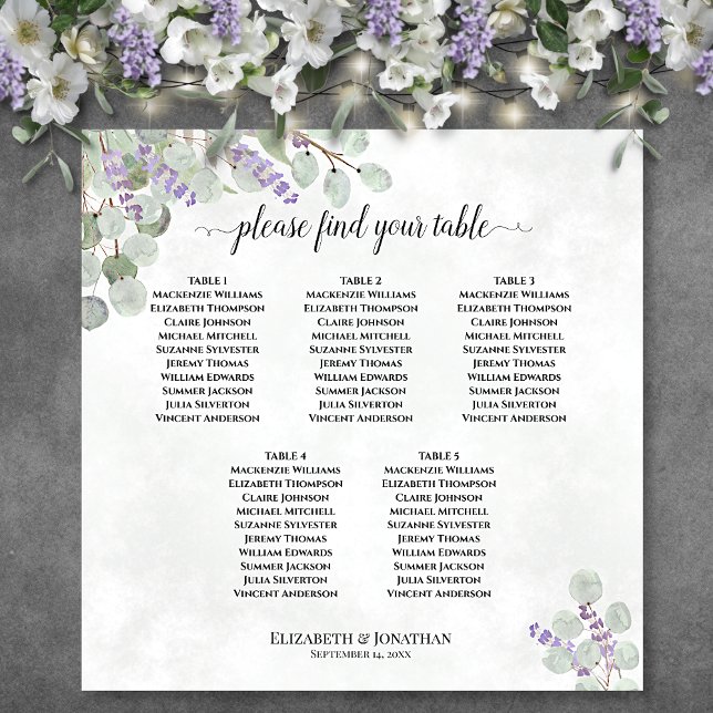 Affiche Plan de table de mariage à 5 tables Eucalyptus Lav (In Situ on Wall with Decor)