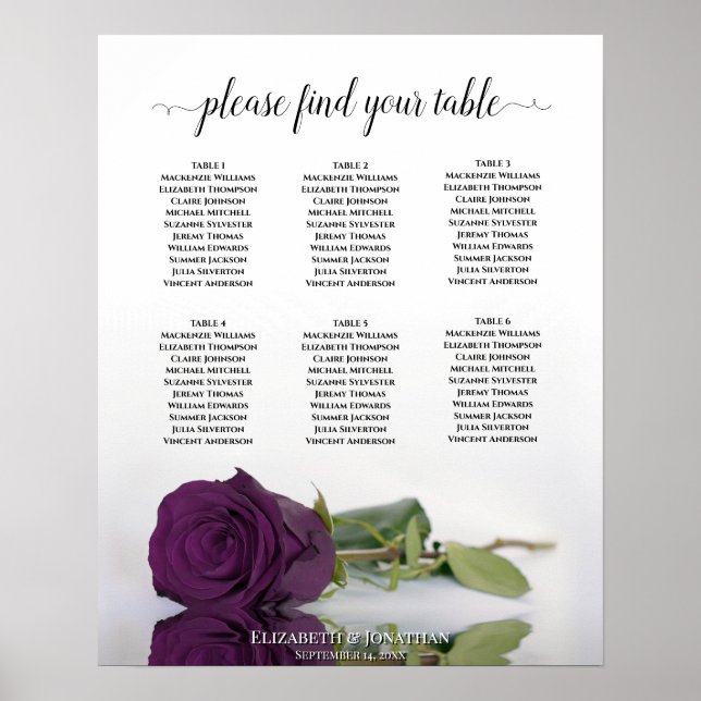 Affiche Plan de table de mariage à 6 tables Rose Violet pr (Devant)