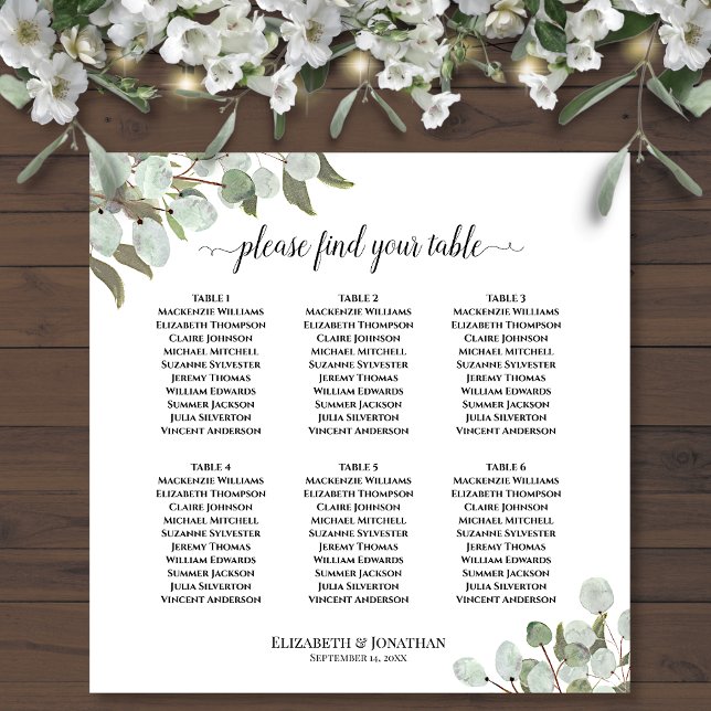 Affiche Plan de table de mariage à 6 tables Rustique Eucal (In Situ on Wall with Flowers)