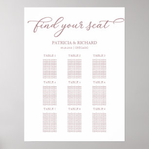 Affiche Plan de table de mariage à 9 tables écriture rose 