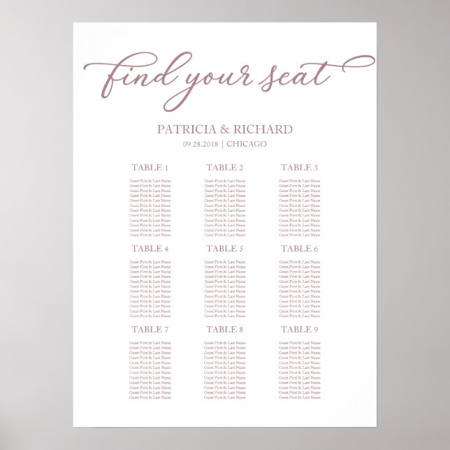 Affiche Plan de table de mariage à 9 tables écriture rose  (Devant)