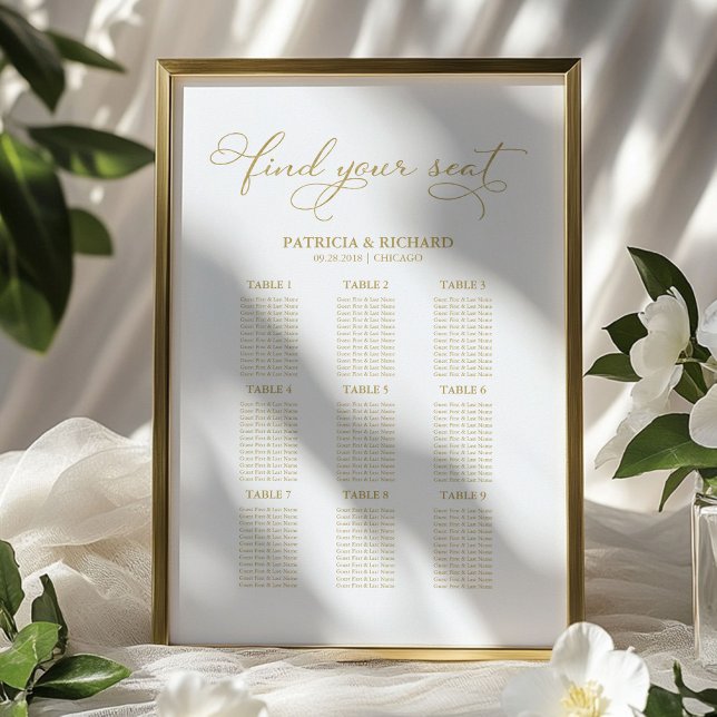 Affiche Plan de table de mariage à 9 tables Feuille d'or (Créateur téléchargé)