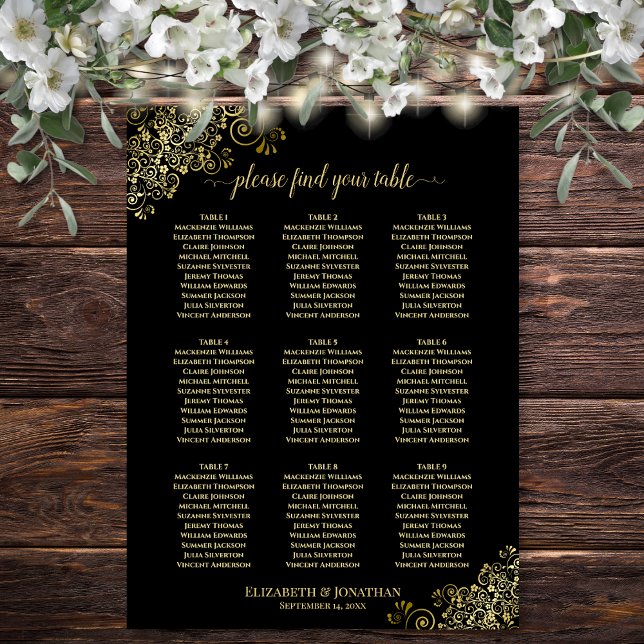Affiche Plan de table de mariage à 9 tables Noir avec fron (In Situ on Wall with Decorations)