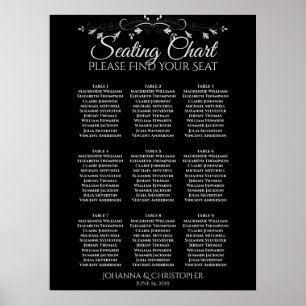 Affiche Plan de table de mariage à 9 tables Silver on Blac
