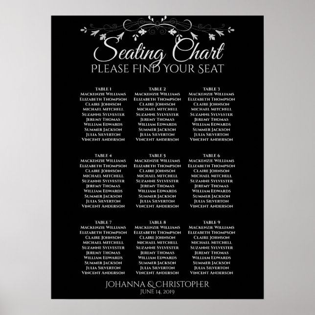 Affiche Plan de table de mariage à 9 tables Silver on Blac (Devant)