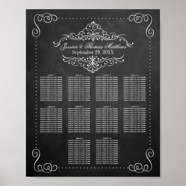 Affiche Plan de table de mariage à craie Orné avec fioritu (Devant)