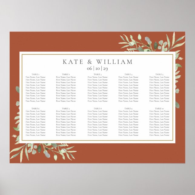 Affiche Plan de table de mariage à feuillage vert en terre (Devant)