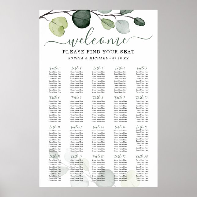 Affiche Plan de table de mariage à la verdure d'eucalyptus (Devant)