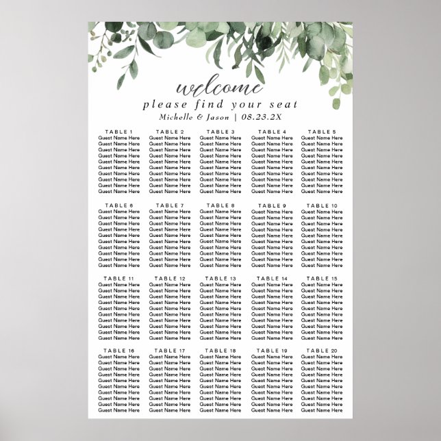 Affiche Plan de table de mariage à la verdure d'eucalyptus (Devant)