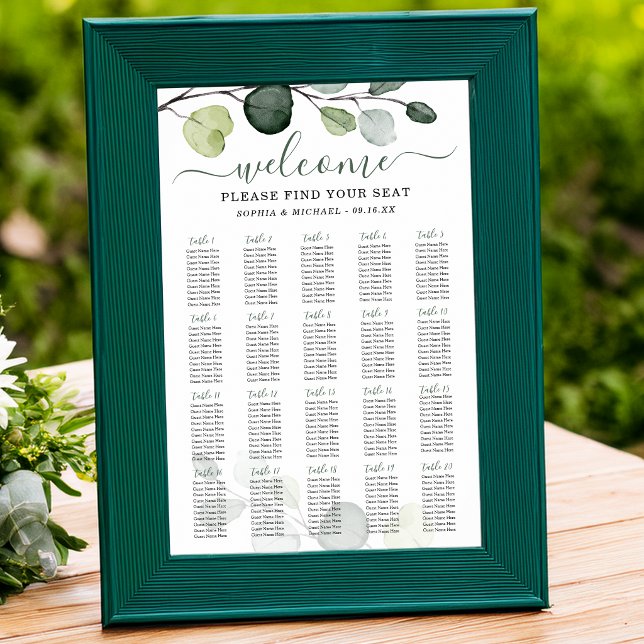 Affiche Plan de table de mariage à la verdure d'eucalyptus (Eucalyptus Greenery Wedding Seating Chart)