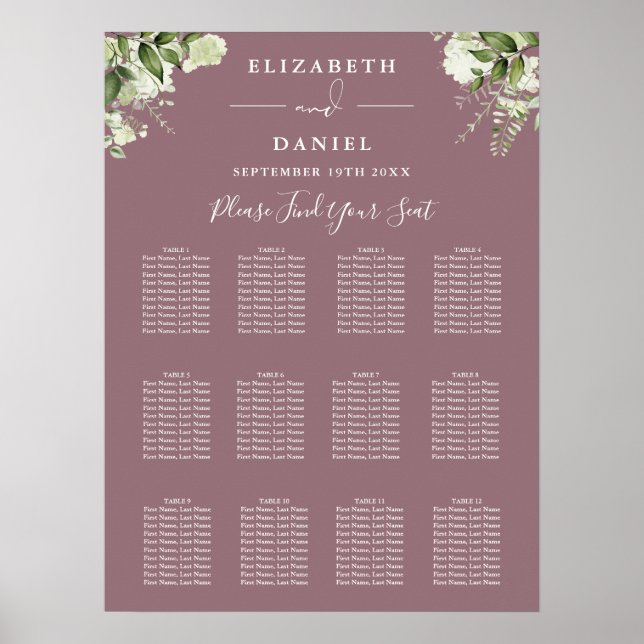 Affiche Plan de table de mariage à la verdure florale mauv (Devant)