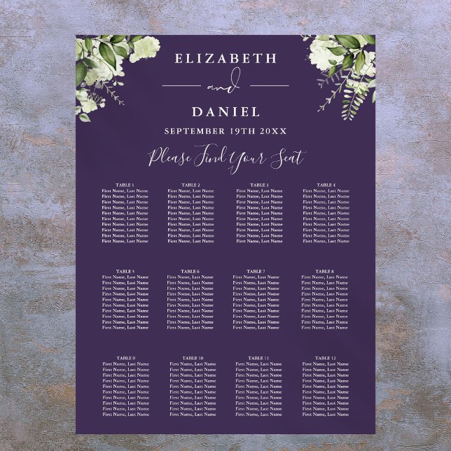 Affiche Plan de table de mariage à la verdure florale viol (Purple Floral Greenery Wedding Seating Chart)