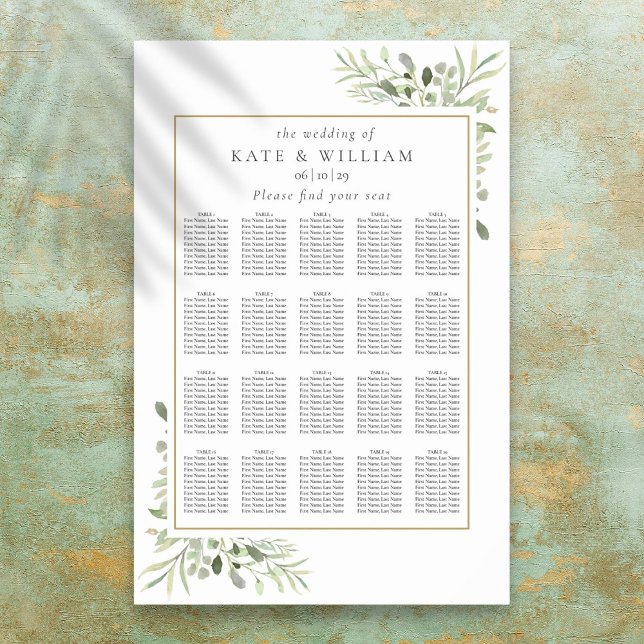 Affiche Plan de table de mariage à la verdure moderne (Modern Greenery Wedding Seating Plan Chart)