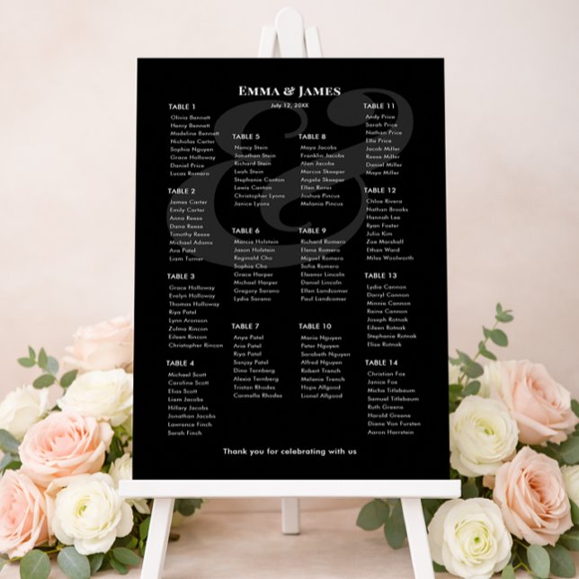 Affiche Plan de table de mariage à l'ampersand noir invers (Minimalist black wedding seating chart for 14 with white text and modern ampersand layout.)