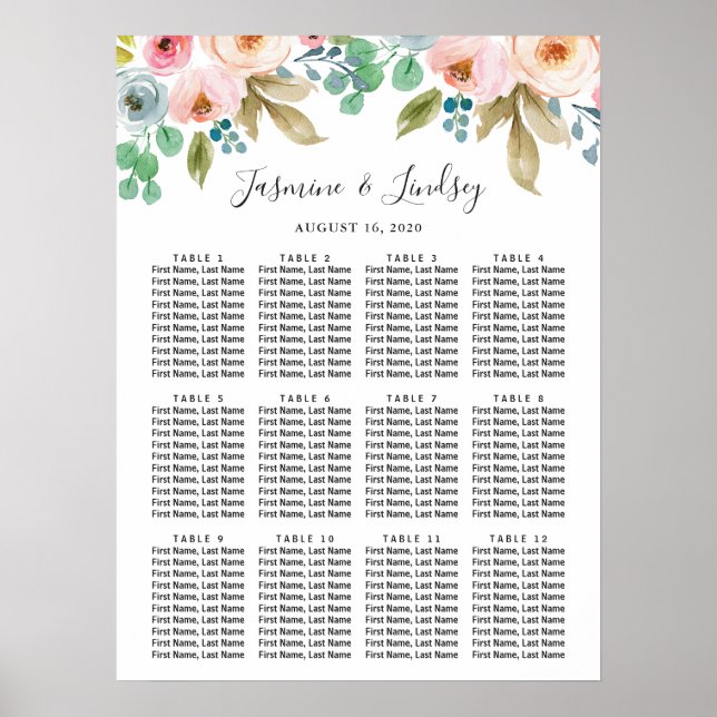 Affiche Plan de table de mariage à l'aquarelle pastel (Devant)
