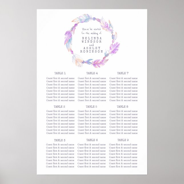 Affiche Plan de table de mariage à l'aquarelle plume viole (Devant)