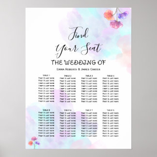 Affiche Plan de table de mariage à l'aquarelle rose bleu