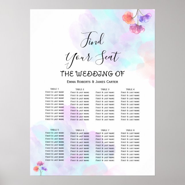 Affiche Plan de table de mariage à l'aquarelle rose bleu (Devant)