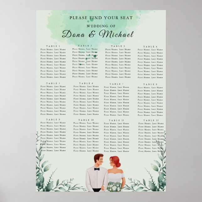 Affiche Plan de table de mariage à l'aquarelle verte perso (Devant)