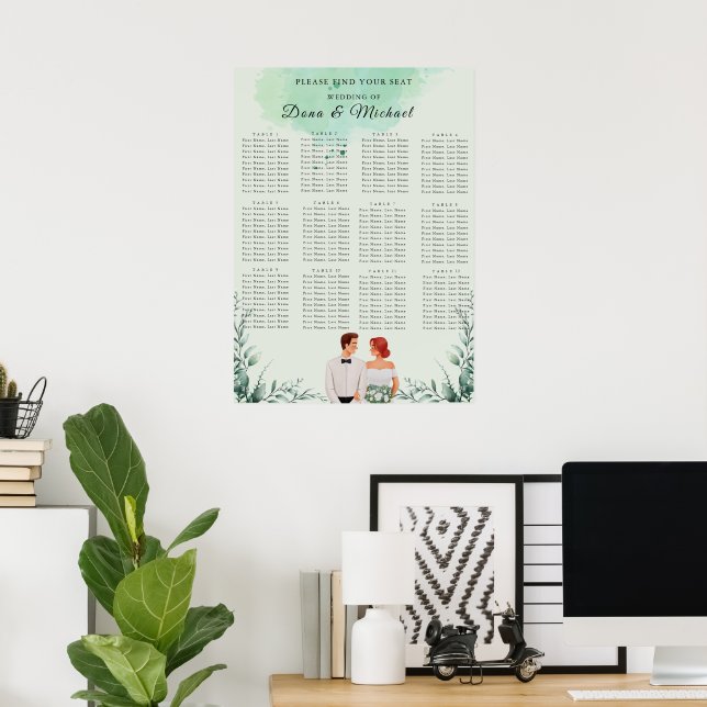 Affiche Plan de table de mariage à l'aquarelle verte perso (Bureau à domicile)
