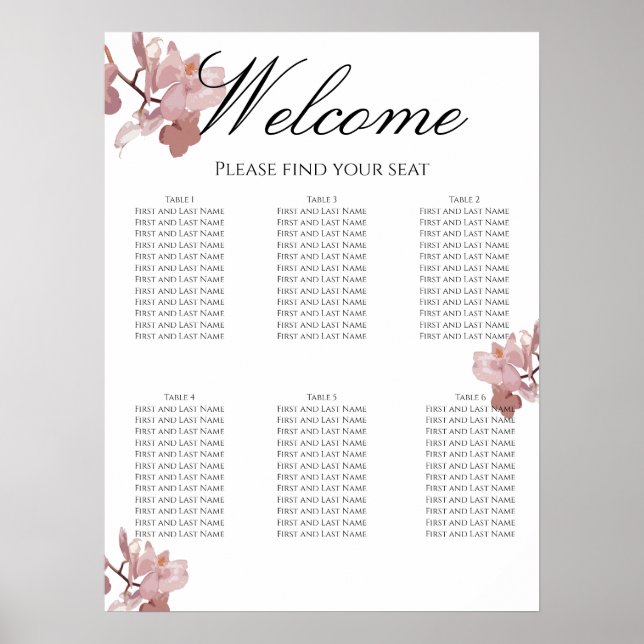 Affiche Plan de table de mariage à l'orchidée rose (Devant)