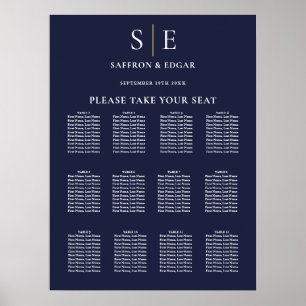 Affiche Plan de table de mariage à monogramme bleu marine