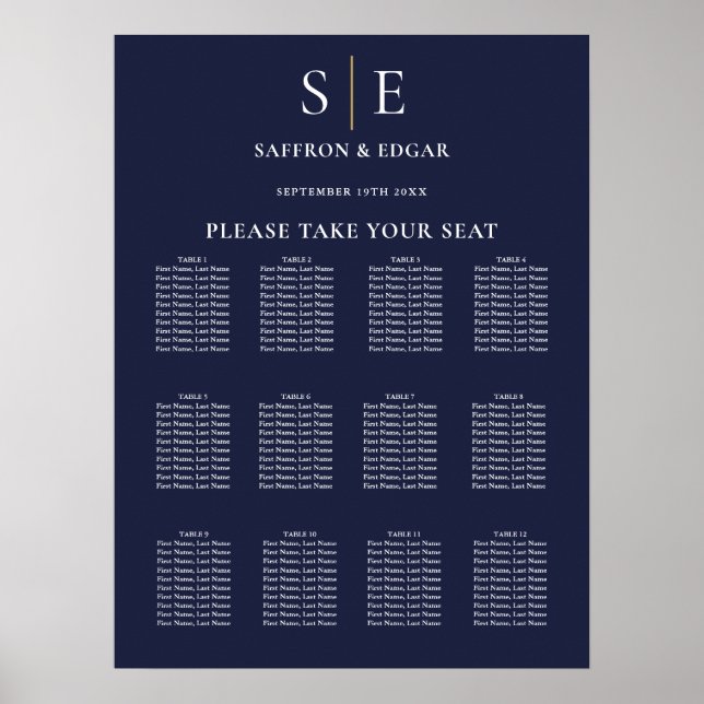 Affiche Plan de table de mariage à monogramme bleu marine  (Devant)