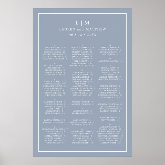 Affiche Plan de table de mariage à monogramme bleu poussié (Devant)
