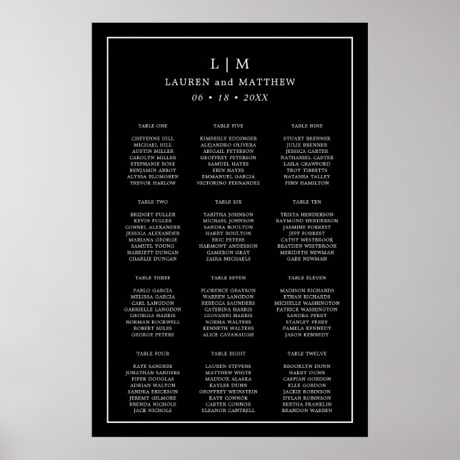 Affiche Plan de table de mariage à monogramme noir simple (Devant)