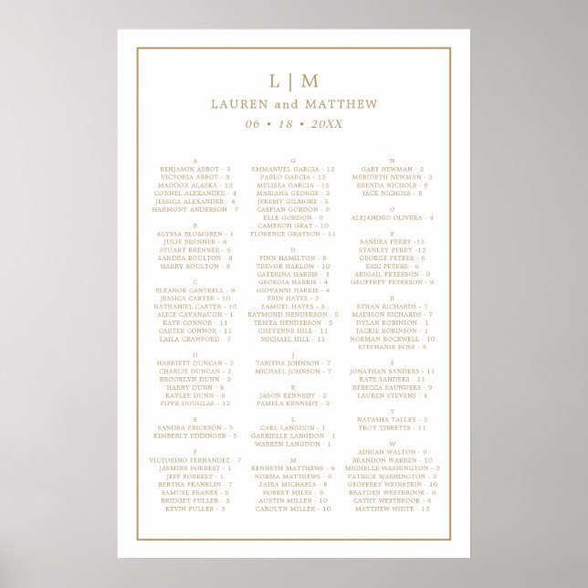 Affiche Plan de table de mariage à monogramme simple en or (Devant)