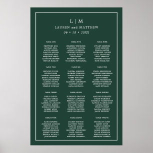 Affiche Plan de table de mariage à monogramme vert forêt s