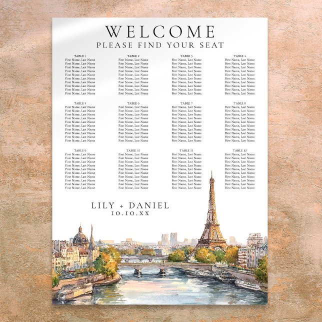 Affiche Plan de table de mariage à Paris France aquarelle (Watercolor Paris France Wedding Seating Chart)