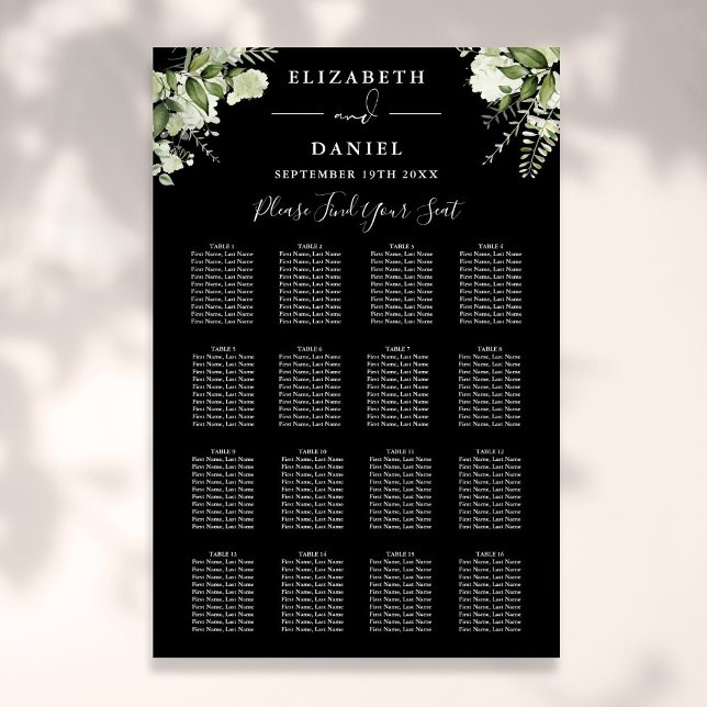 Affiche Plan de table de mariage à verdure noir et blanc (Black And White Greenery Wedding Seating Chart)