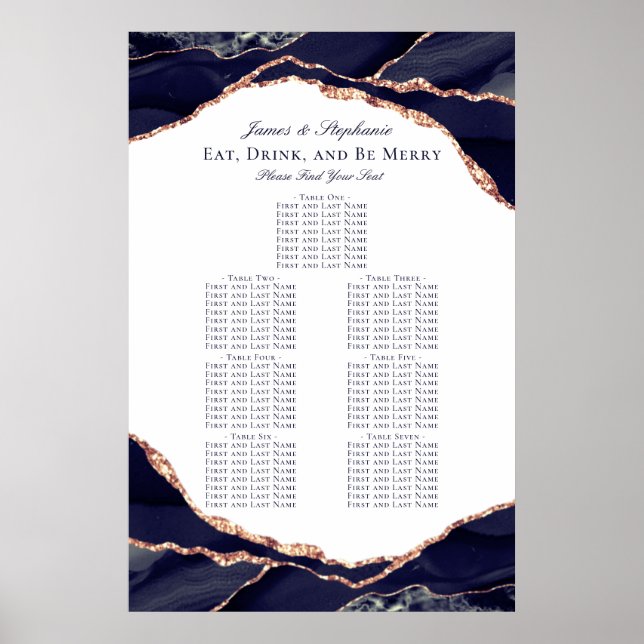 Affiche Plan de table de mariage agate bleu marine or rose (Devant)