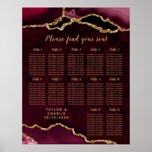 Affiche Plan de table de mariage Agate Or Rouge 12 tables (Devant)