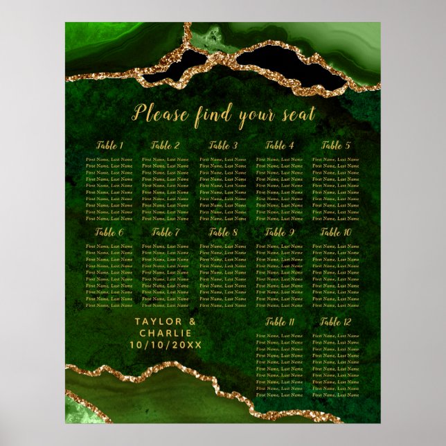 Affiche Plan de table de mariage Agate Or Vert 12 tables (Devant)