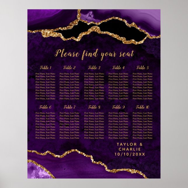 Affiche Plan de table de mariage Agate Or Violet 10 tables (Devant)