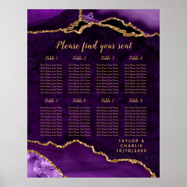 Affiche Plan de table de mariage Agate Or Violet 8 tables (Devant)