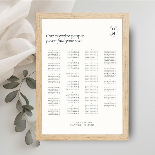 Affiche Plan de table de mariage alphabet chic monogramme (Créateur téléchargé)