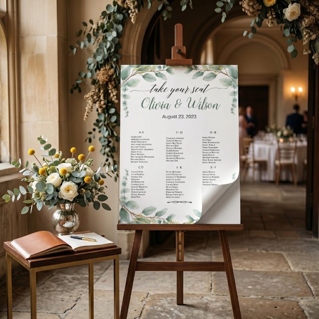 Affiche Plan de table de mariage Alphabet Élégant Vert (Green Elegant Alphabet Wedding Seating Chart)