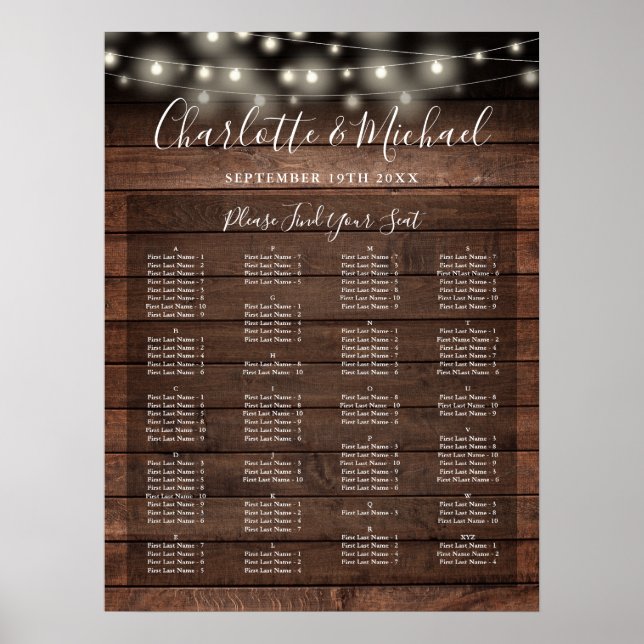 Affiche Plan de table de mariage alphabétique avec lumière (Devant)