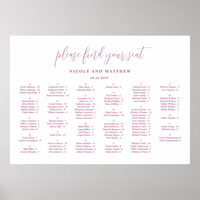 Affiche Plan de table de mariage alphabétique blanc chic r (Devant)