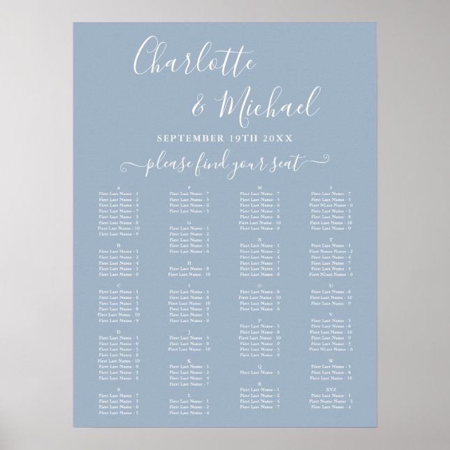Affiche Plan de table de mariage alphabétique bleu poussié (Devant)