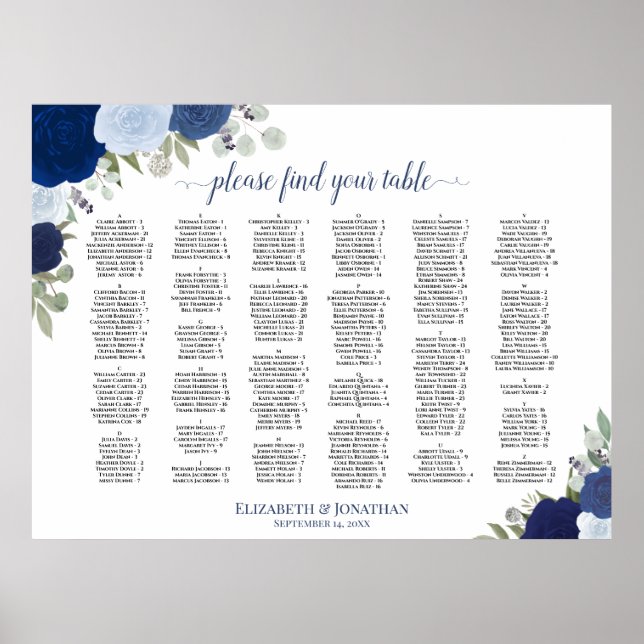 Affiche Plan de table de mariage alphabetique Blue Boho Ro (Devant)