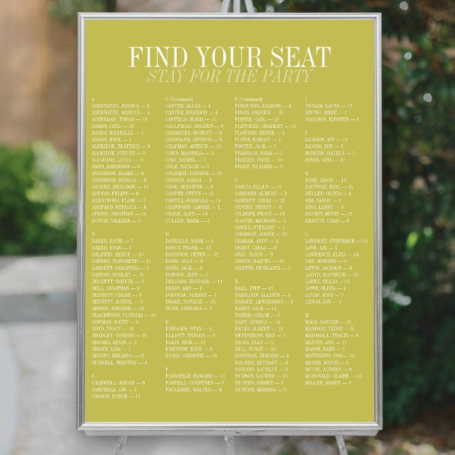 Affiche Plan de table de mariage alphabétique Chartreuse (Chartreuse Alphabetical Wedding Seating Chart)