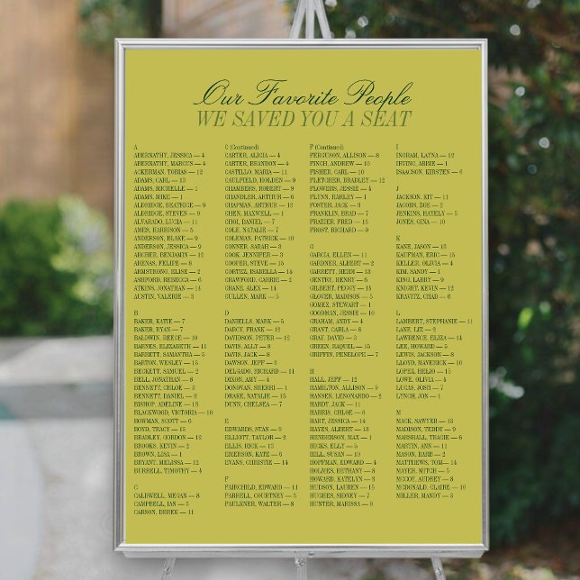 Affiche Plan de table de mariage alphabétique Chartreuse (Chartreuse Alphabetical Wedding Seating Chart)