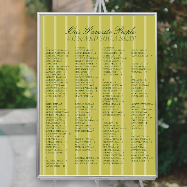 Affiche Plan de table de mariage alphabétique Chartreuse (Chartreuse Alphabetical Wedding Seating Chart)