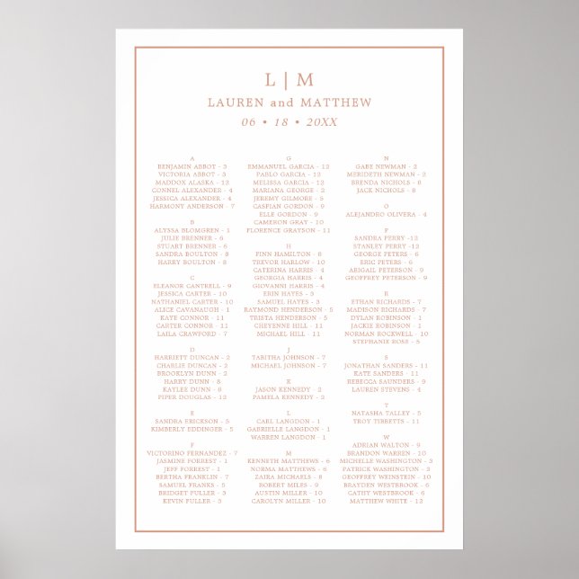 Affiche Plan de table de mariage alphabétique en rose gold (Devant)