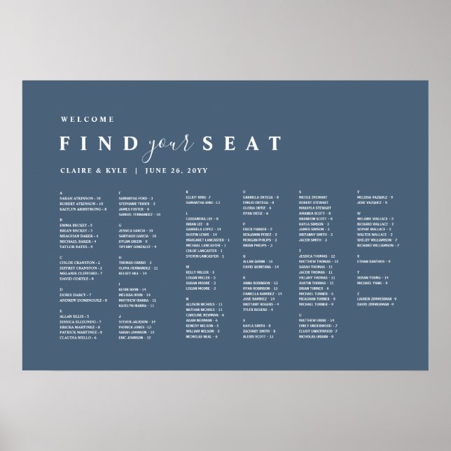 Affiche Plan de table de mariage alphabétique minimal bleu (Devant)